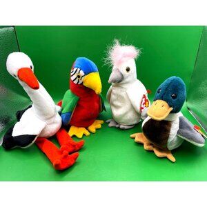 Ty Beanie Babies Set of 4 Birds Duck Stork Parrot Cockatoo Plush Stuffed Animals